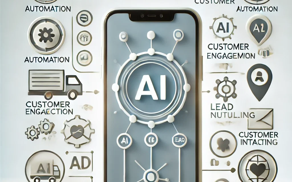A minimalist image featuring a smartphone displaying AI marketing tools focused on customer engagement and lead nurturing. Surrounding the smartphone are icons representing automation, customer interaction, and long-term brand loyalty, highlighting the role of AI in enhancing engagement.