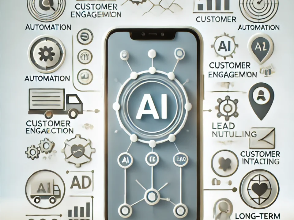A minimalist image featuring a smartphone displaying AI marketing tools focused on customer engagement and lead nurturing. Surrounding the smartphone are icons representing automation, customer interaction, and long-term brand loyalty, highlighting the role of AI in enhancing engagement.
