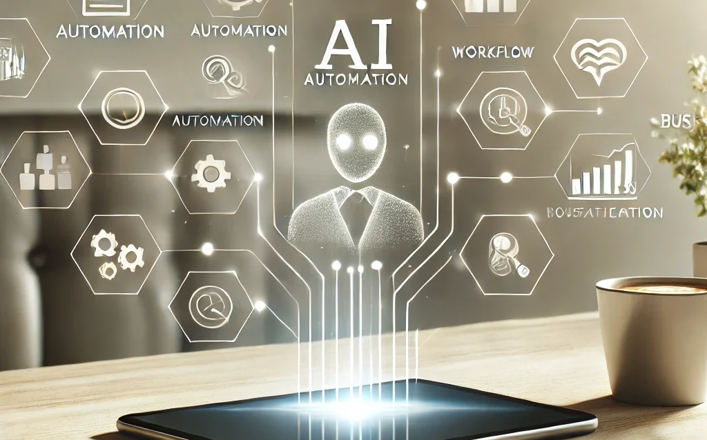 A minimalist image featuring a tablet displaying business automation tools focused on streamlining workflows and boosting efficiency. Surrounding the tablet are icons representing automation, workflow optimization, and business growth, highlighting the role of AI-powered solutions in business automation.