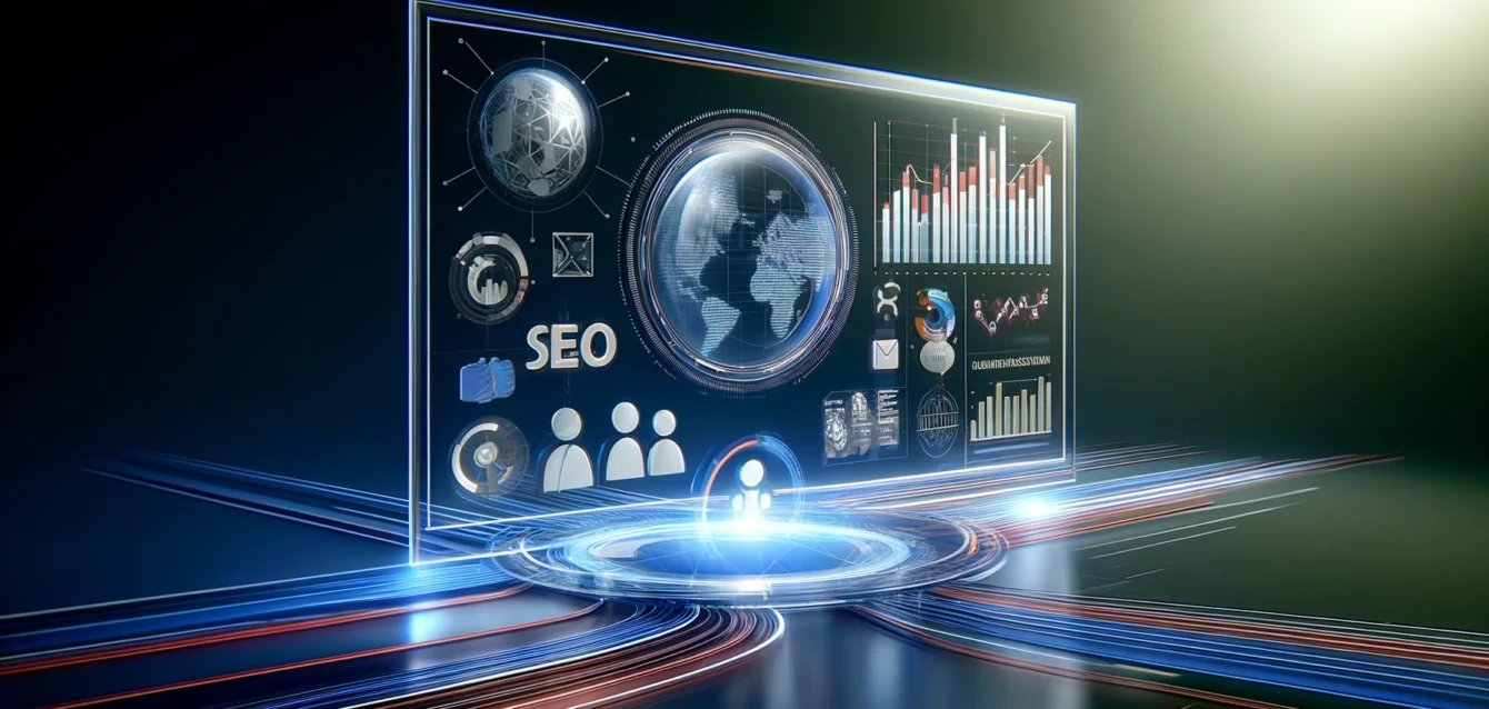 A sleek, modern image featuring a digital marketing dashboard displaying charts and trends on a large screen. Surrounding the screen are abstract digital lines and icons representing social media, SEO, and customer acquisition, highlighting digital marketing trends driving business growth.