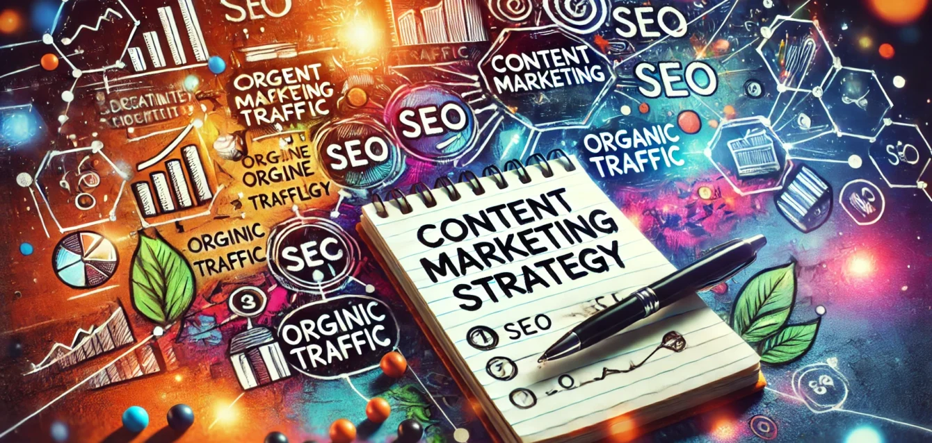 A creative image featuring a notepad and pen with content marketing strategy notes and diagrams. Surrounding the notepad are abstract icons representing SEO, organic traffic, and online visibility, blending creativity and business to highlight the process of building an effective content marketing strategy.