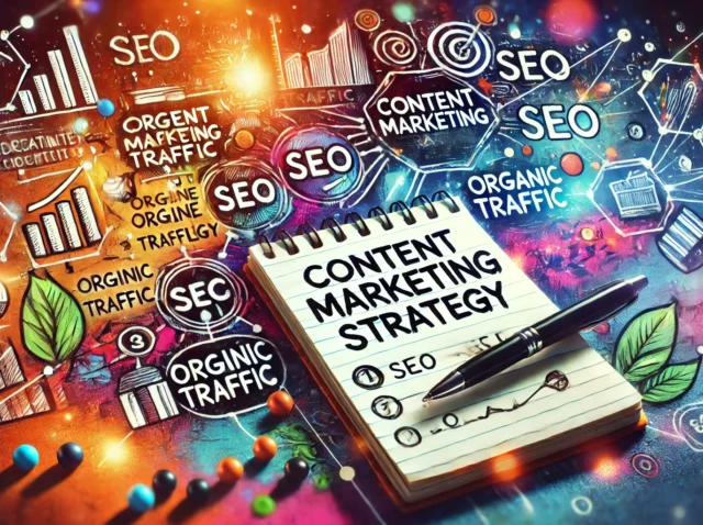 A creative image featuring a notepad and pen with content marketing strategy notes and diagrams. Surrounding the notepad are abstract icons representing SEO, organic traffic, and online visibility, blending creativity and business to highlight the process of building an effective content marketing strategy.