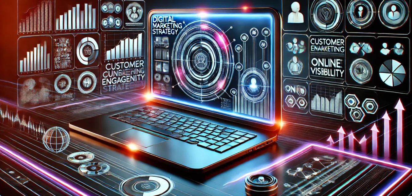 A bold, futuristic image featuring a laptop displaying a digital marketing strategy with graphs and analytics. Surrounding the laptop are icons representing customer engagement, online visibility, and business growth, highlighting the high-tech and dynamic nature of digital marketing strategy.