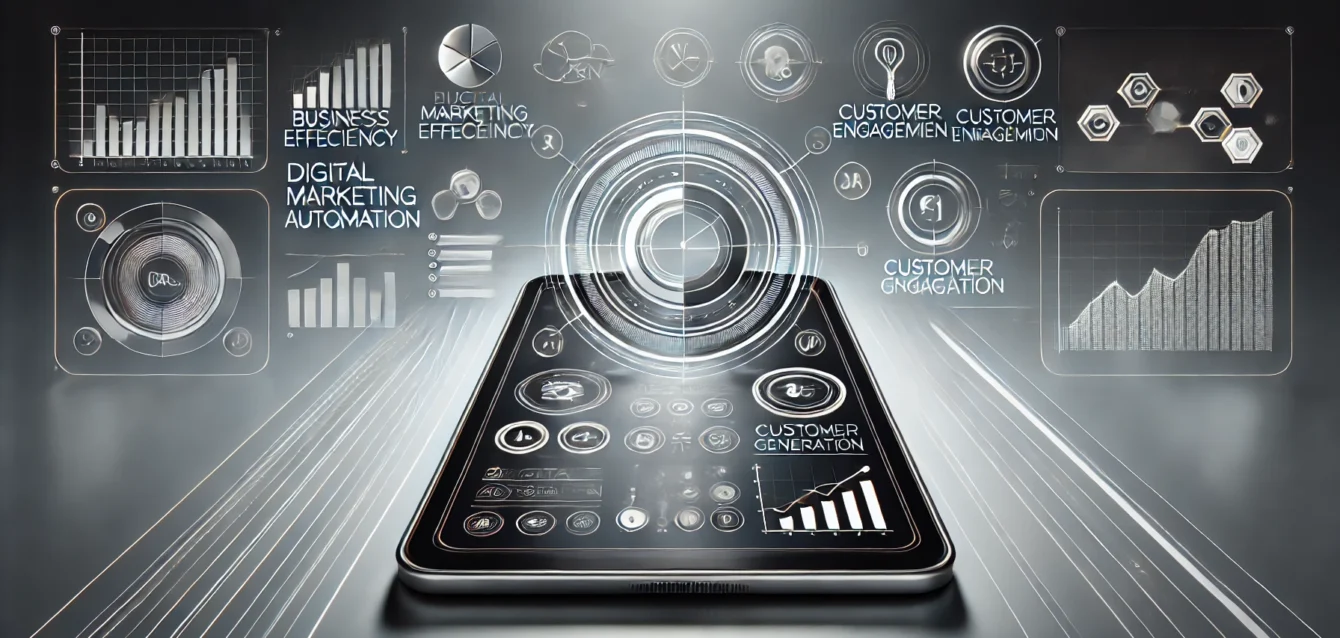 A high-tech, minimalist image featuring a tablet displaying a digital marketing automation dashboard with workflows and analytics. Surrounding the tablet are abstract lines and icons representing business efficiency, customer engagement, and lead generation, emphasizing the streamlined nature of digital marketing automation.