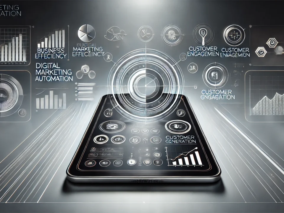 A high-tech, minimalist image featuring a tablet displaying a digital marketing automation dashboard with workflows and analytics. Surrounding the tablet are abstract lines and icons representing business efficiency, customer engagement, and lead generation, emphasizing the streamlined nature of digital marketing automation.