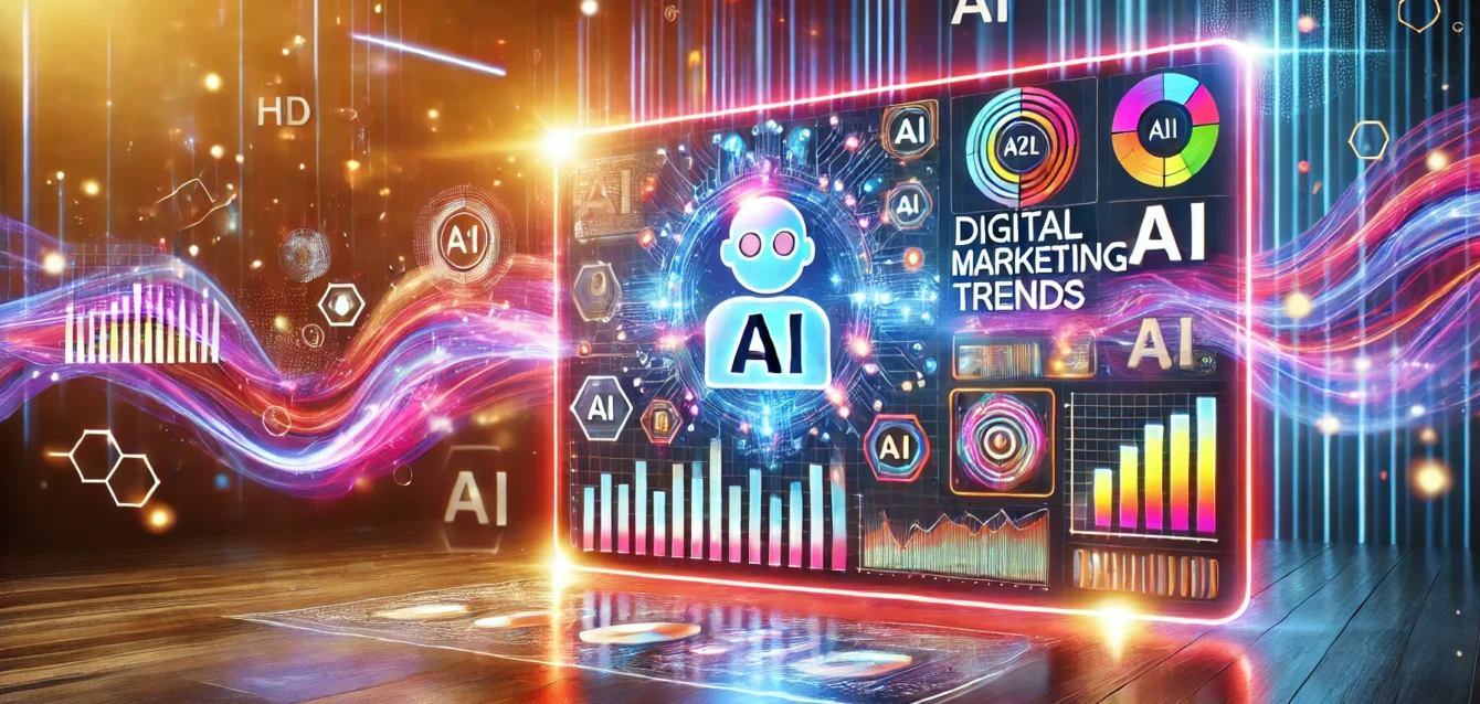 A vibrant, dynamic image featuring a large screen displaying digital marketing trends with charts, AI icons, and analytics. Surrounding the screen are abstract shapes and flowing lines representing brand awareness and customer engagement, highlighting the influence of AI tools on digital marketing trends.