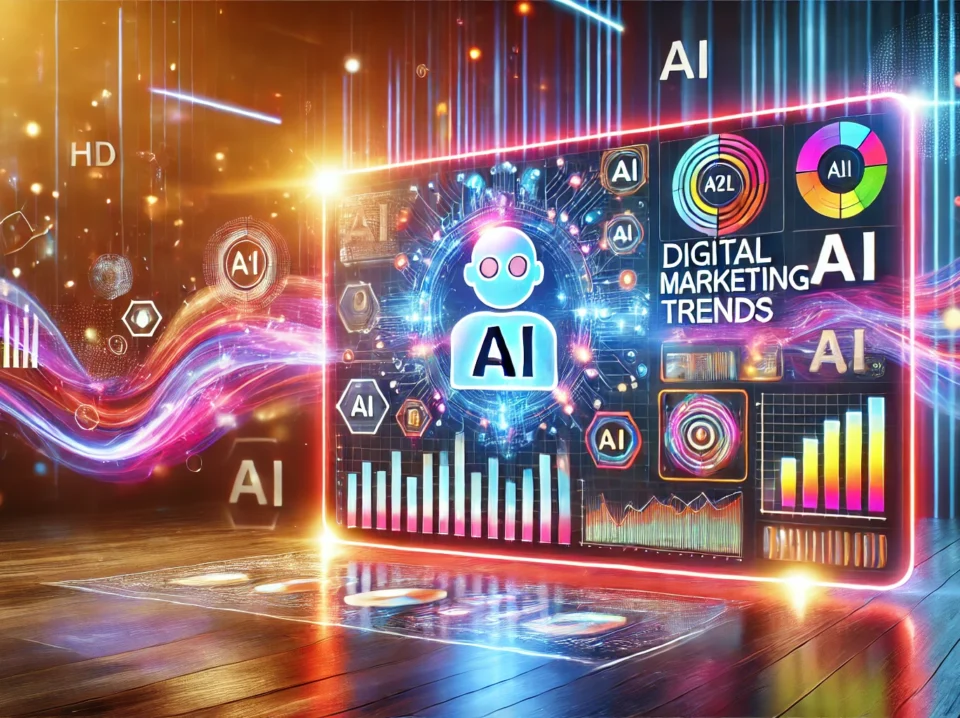 A vibrant, dynamic image featuring a large screen displaying digital marketing trends with charts, AI icons, and analytics. Surrounding the screen are abstract shapes and flowing lines representing brand awareness and customer engagement, highlighting the influence of AI tools on digital marketing trends.