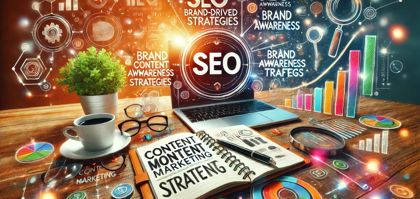 A creative image featuring a desktop with content marketing tools, including a notebook, pen, and a laptop displaying SEO-driven content strategies. Surrounding