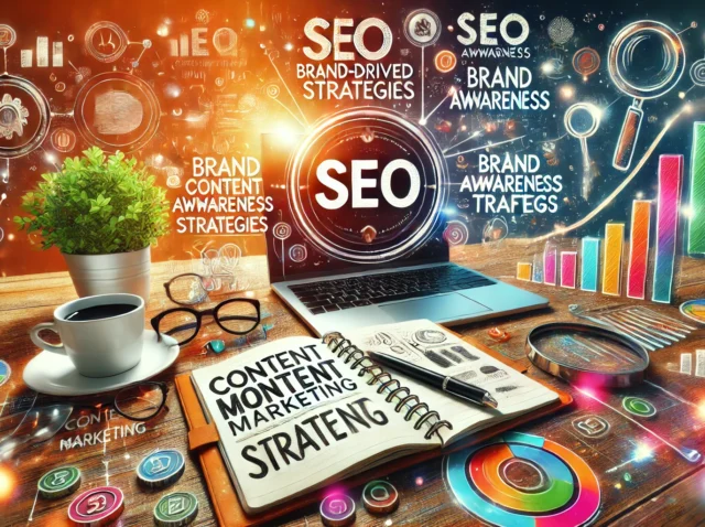 A creative image featuring a desktop with content marketing tools, including a notebook, pen, and a laptop displaying SEO-driven content strategies. Surrounding
