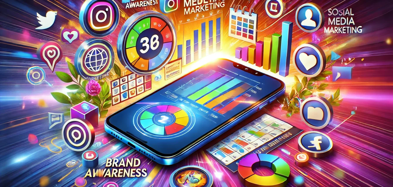 A vibrant, energetic image featuring a smartphone displaying social media marketing analytics and a content calendar. Surrounding the phone are icons representing brand awareness, customer engagement, and business growth, emphasizing the impact of social media marketing and content strategy.