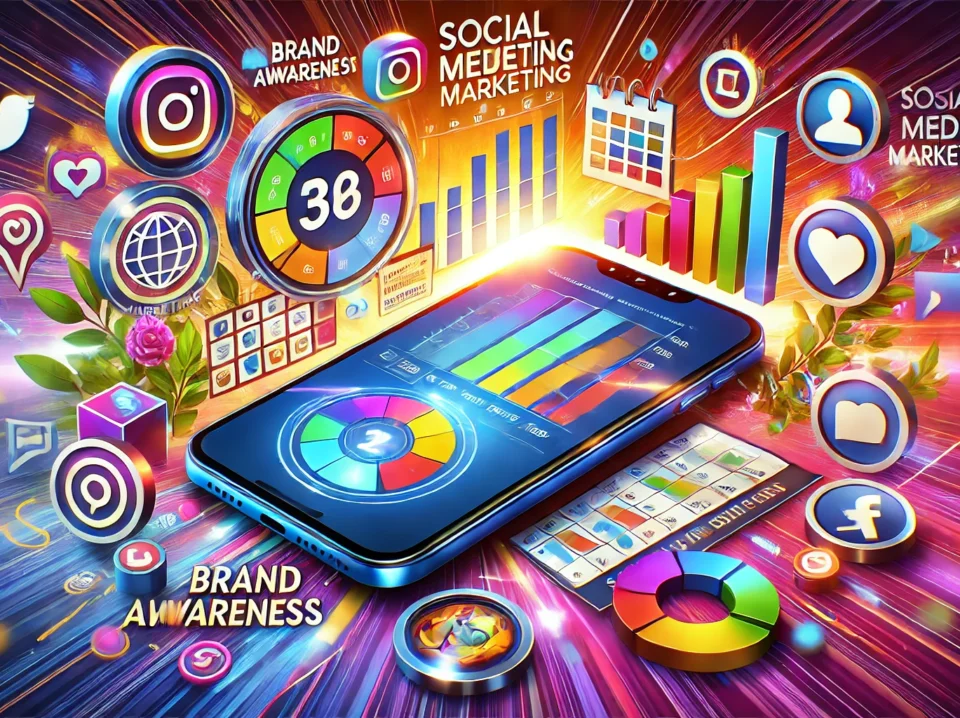 A vibrant, energetic image featuring a smartphone displaying social media marketing analytics and a content calendar. Surrounding the phone are icons representing brand awareness, customer engagement, and business growth, emphasizing the impact of social media marketing and content strategy.