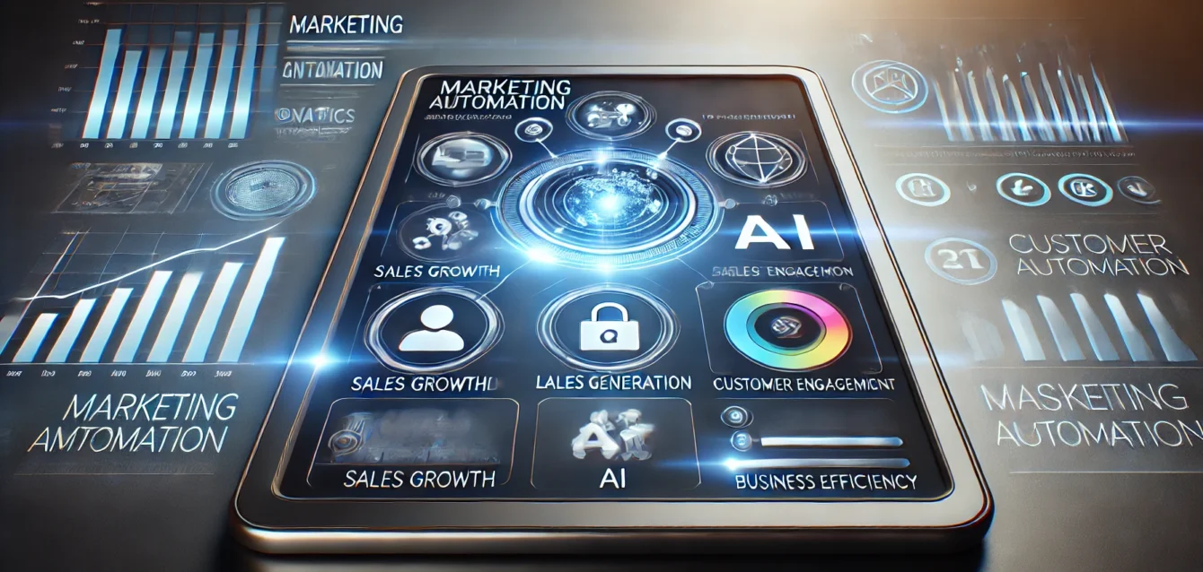 A futuristic, streamlined image featuring a tablet displaying marketing automation tools with lead generation and customer engagement analytics. Surrounding the tablet are icons representing sales growth, AI, and business efficiency, emphasizing the advanced capabilities of marketing automation.