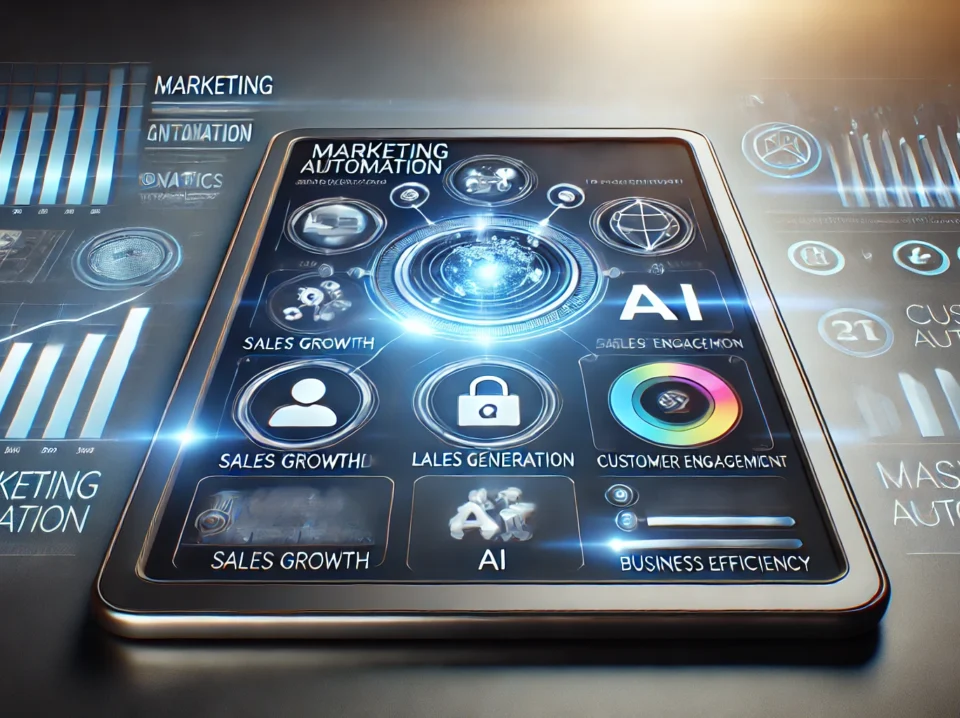 A futuristic, streamlined image featuring a tablet displaying marketing automation tools with lead generation and customer engagement analytics. Surrounding the tablet are icons representing sales growth, AI, and business efficiency, emphasizing the advanced capabilities of marketing automation.