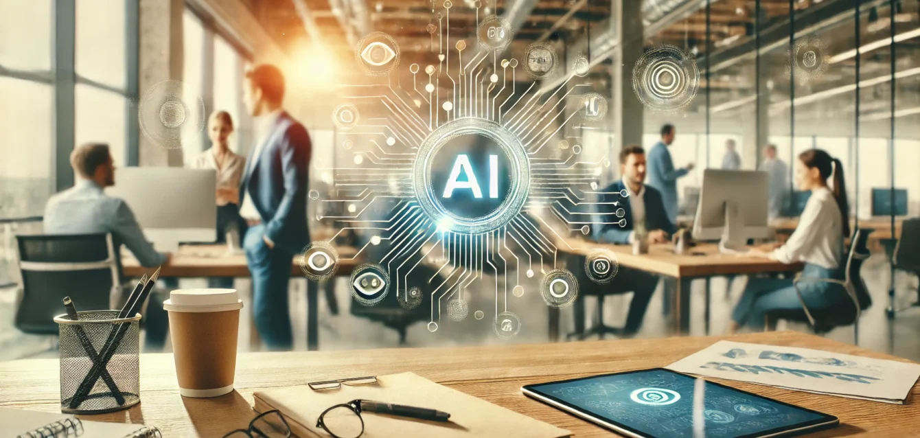 DALL·E 2024-09-12 12.53.34 - A natural, real-world scene featuring a modern office workspace. In the foreground, a desk with papers and digital devices like a tablet showing AI to