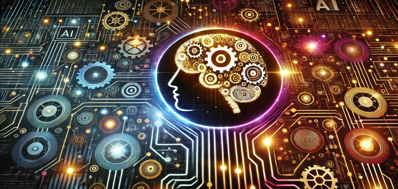 A bold, abstract image featuring interconnected gears and circuit patterns representing AI and workflow automation in business. At the center, a glowing AI brain symbolizes intelligence and automation, with a dark background contrasted by neon lights, highlighting operational efficiency and business growth.