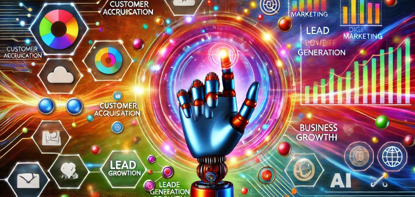 A dynamic and colorful image featuring a robotic hand interacting with a digital marketing dashboard. Surrounding the dashboard are icons representing customer acquisition, lead generation, and business growth, emphasizing the role of AI-powered marketing in fueling business success.