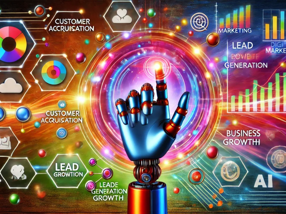 A dynamic and colorful image featuring a robotic hand interacting with a digital marketing dashboard. Surrounding the dashboard are icons representing customer acquisition, lead generation, and business growth, emphasizing the role of AI-powered marketing in fueling business success.