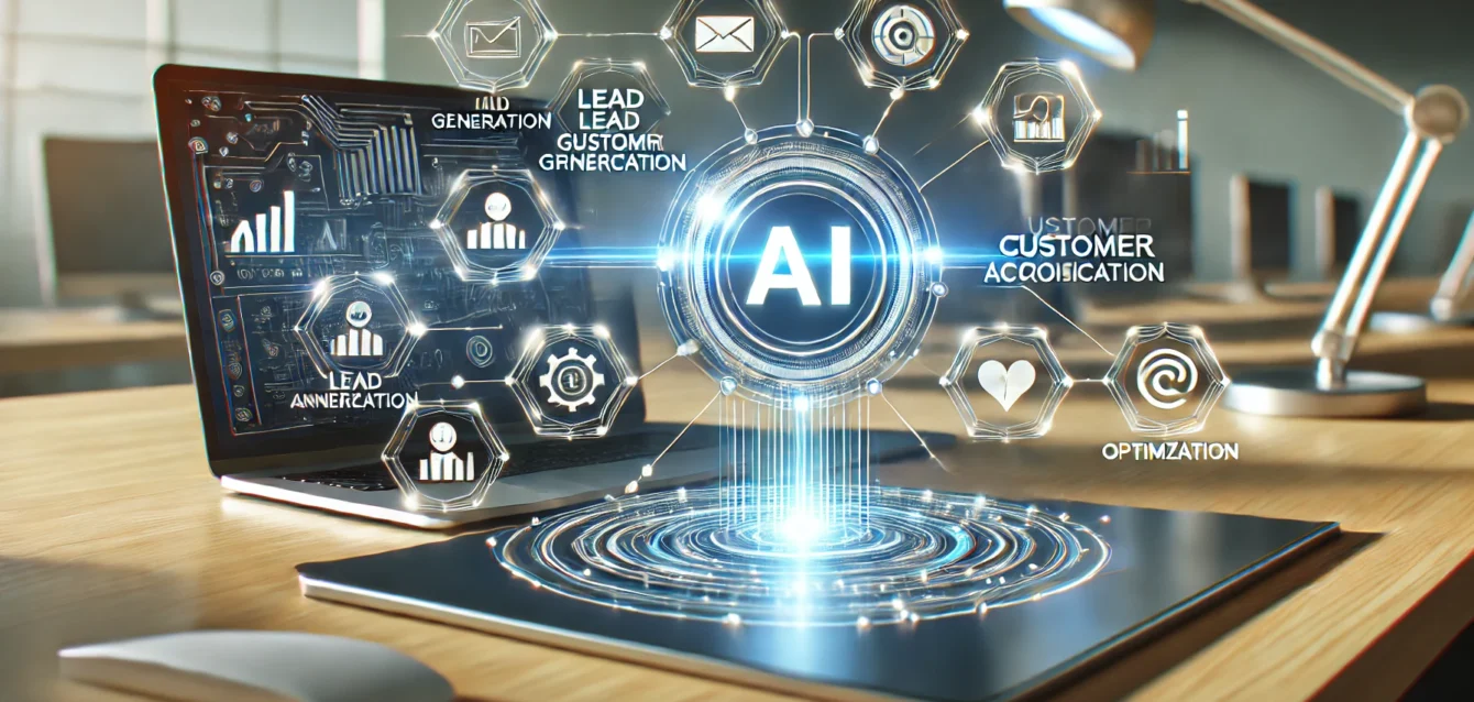 A sleek, futuristic image featuring a glowing AI interface controlling marketing strategies, with icons for lead generation, customer acquisition, and digital optimization. The clean, modern workspace in the background highlights the efficiency and growth AI brings to marketing.
