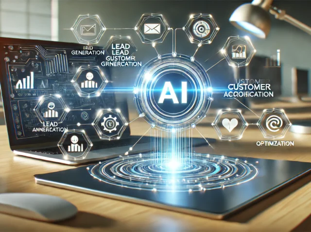 A sleek, futuristic image featuring a glowing AI interface controlling marketing strategies, with icons for lead generation, customer acquisition, and digital optimization. The clean, modern workspace in the background highlights the efficiency and growth AI brings to marketing.