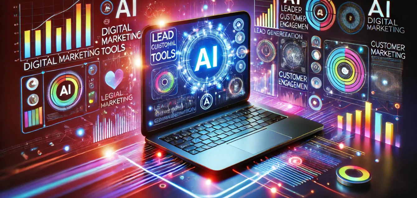 A bold, high-tech image featuring a laptop displaying AI-powered digital marketing tools, with graphs and analytics for lead generation, customer engagement, and marketing optimization. Surrounding the laptop are glowing lines and data streams, highlighting the advanced nature of AI tools in marketing.